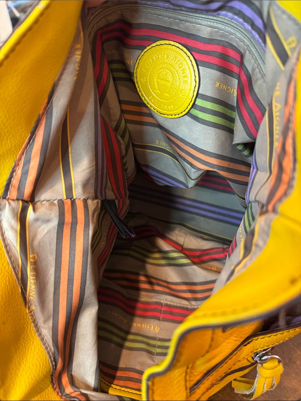 Etienne Aigner Mustard Yellow Pebbled Leather Hobo with Blue Charm - Picture 7 of 13